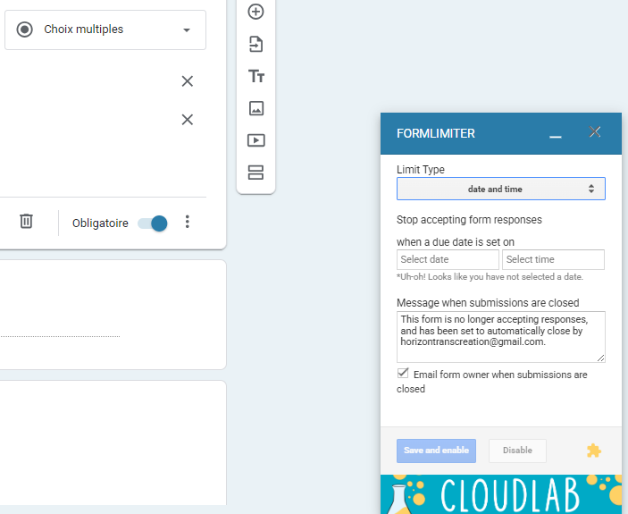Saisie de la date et du message  de clôture du formulaire dans la fenêtre contextuelle de formLimiter