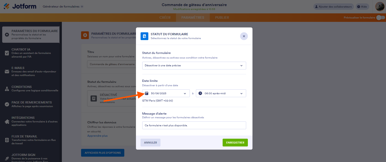 Définir une date d'expiration à l'aide du widget calendrier dans le Générateur de formulaires Jotform