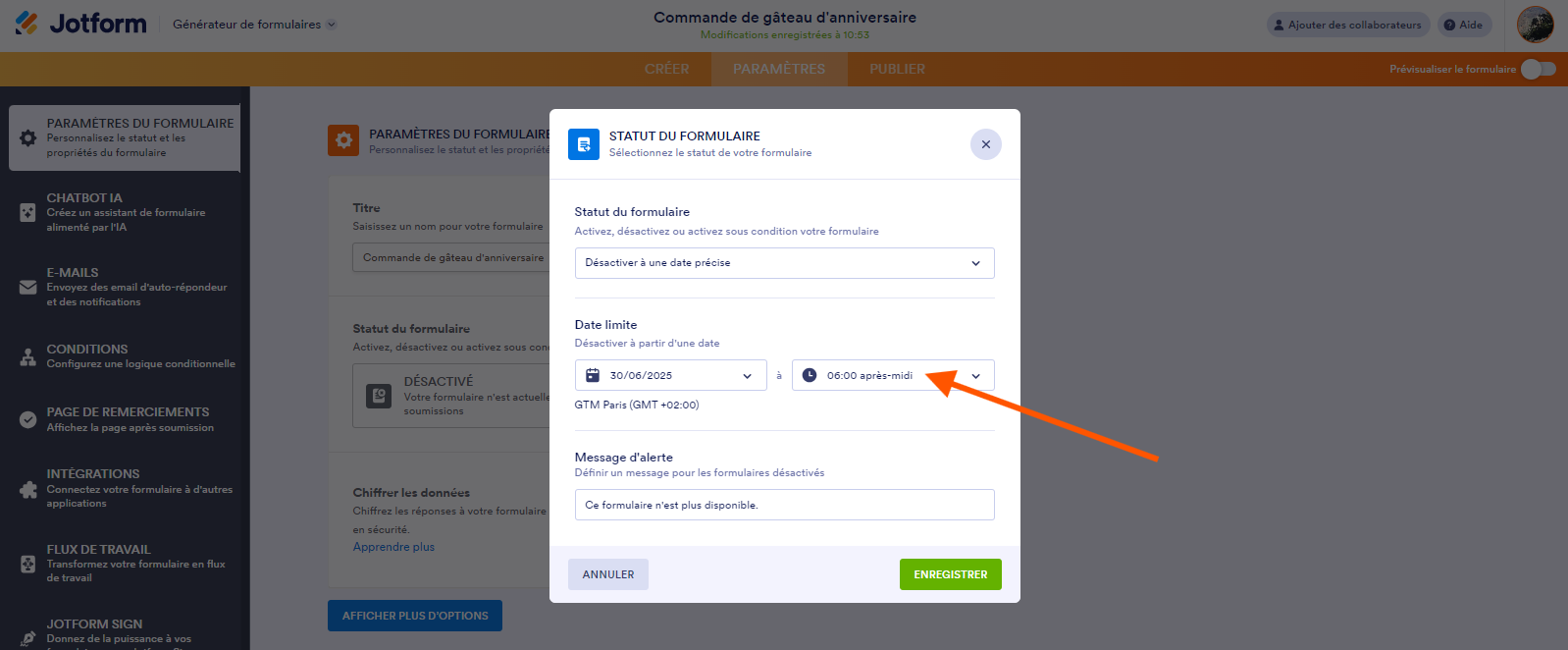 Définir une heure d'expiration dans le Générateur de formulaires Jotform