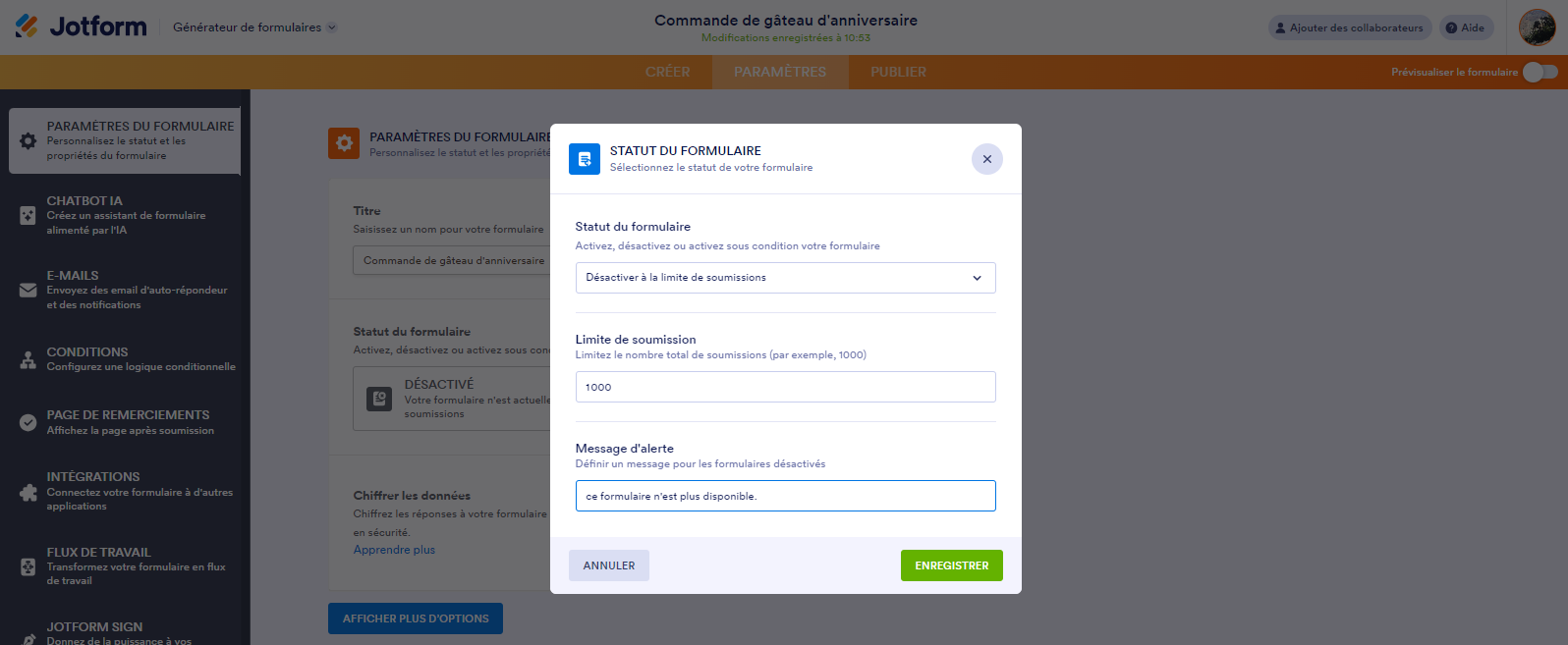 Saisir la limite de soumission et cliquer sur Enregistrer depuis la fenêtre Statut du formulaire dans le Générateur de formulaires Jotform
