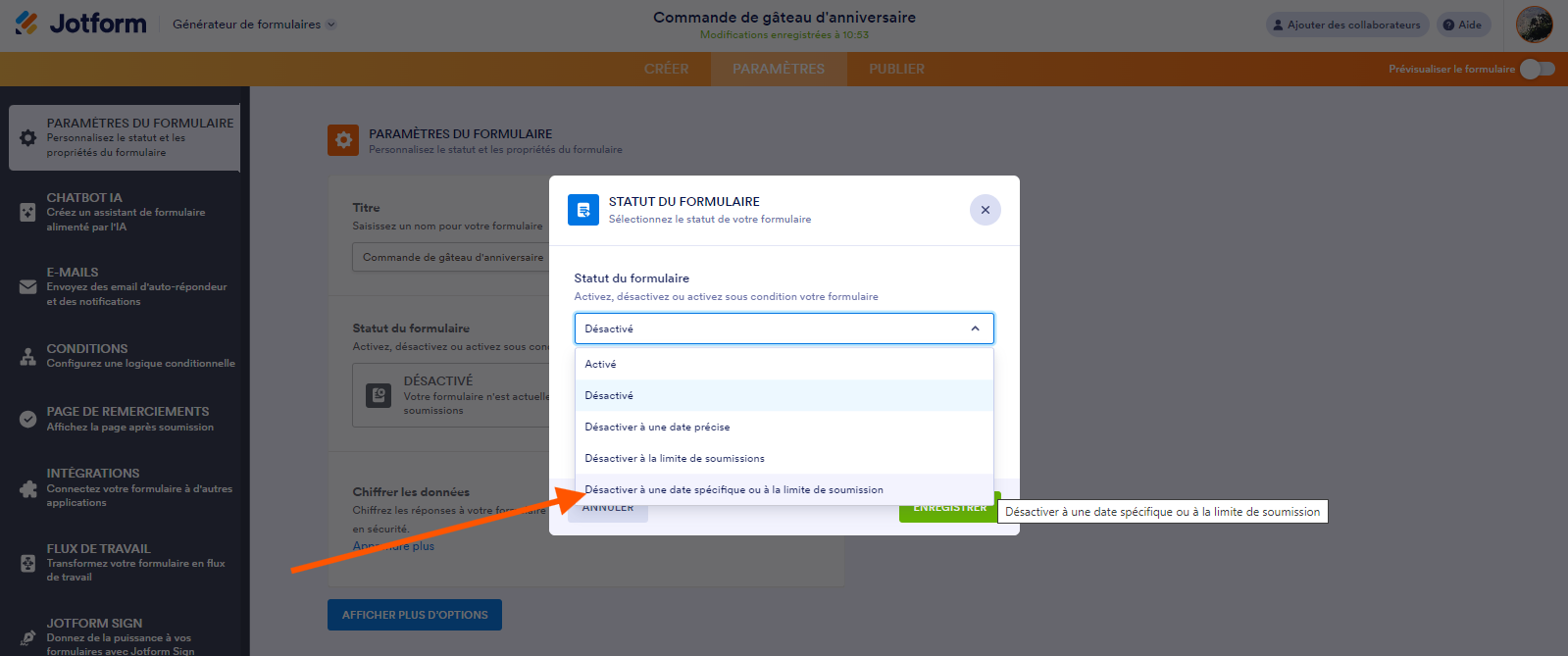 Sélection de Désactiver à une date spécifique ou à la limite de soumission dans Statut du formulaire dans le générateur de formulaires Jotform