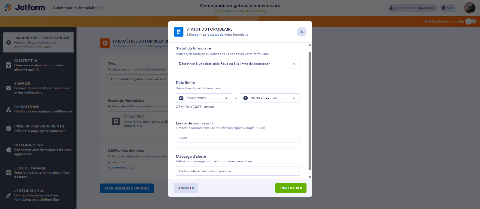 Définir une date d'expiration dans le widget calendrier dans le Générateur de formulaires Jotform