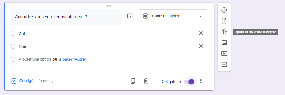 Capture d’écran de la barre latérale d'une question et options de formulaire Google avec le bouton Ajouter un titre et une description mis en évidence