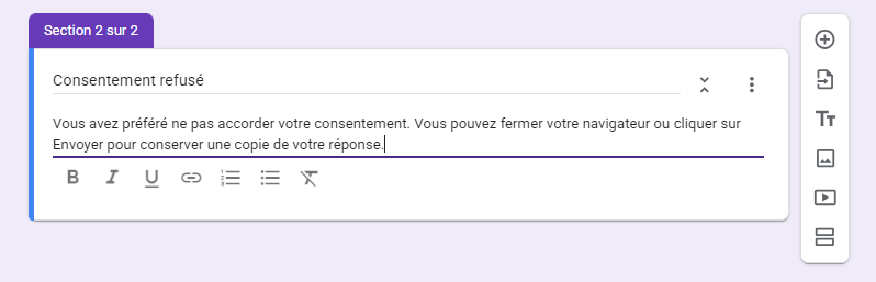 Capture d’écran de la section du formulaire Google intitulée Consentement refusé, avec une description intitulée Vous avez préféré ne pas accorder votre consentement