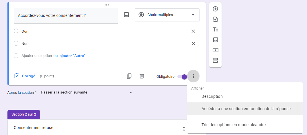 Capture d’écran de la liste d'options d'une question de Google Forms, avec l'option « Accéder à une section en fonction de la réponse » mis en évidence
