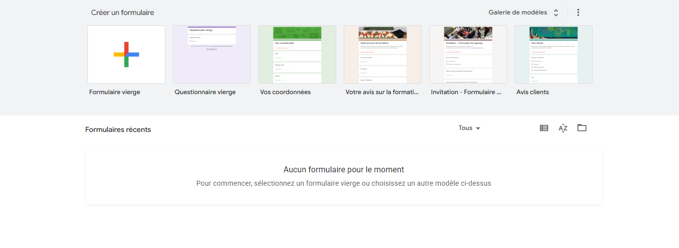 Capture d'écran de la page pour créer un formulaire dans Google Forms