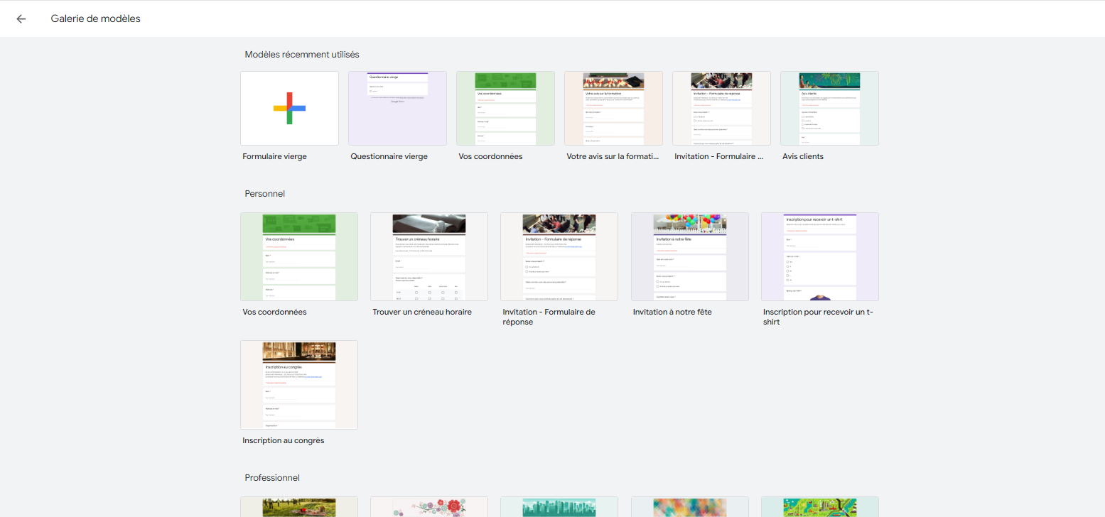 Capture d'écran de la page de la galerie de modèles dans Google Forms