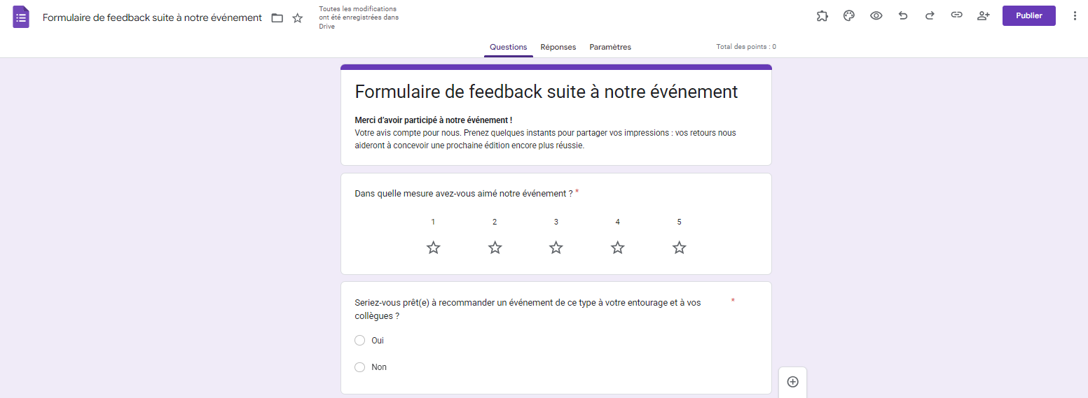 Capture d'écran illustrant les types de questions dans un formulaire de feedback suite à un événement dans Google Forms
