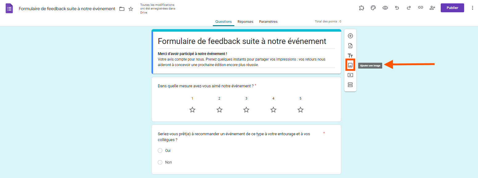 Capture d'écran illustrant l'option et l'icône Ajouter une image dans le Formulaire de feedback suite à notre événement dans Google Forms