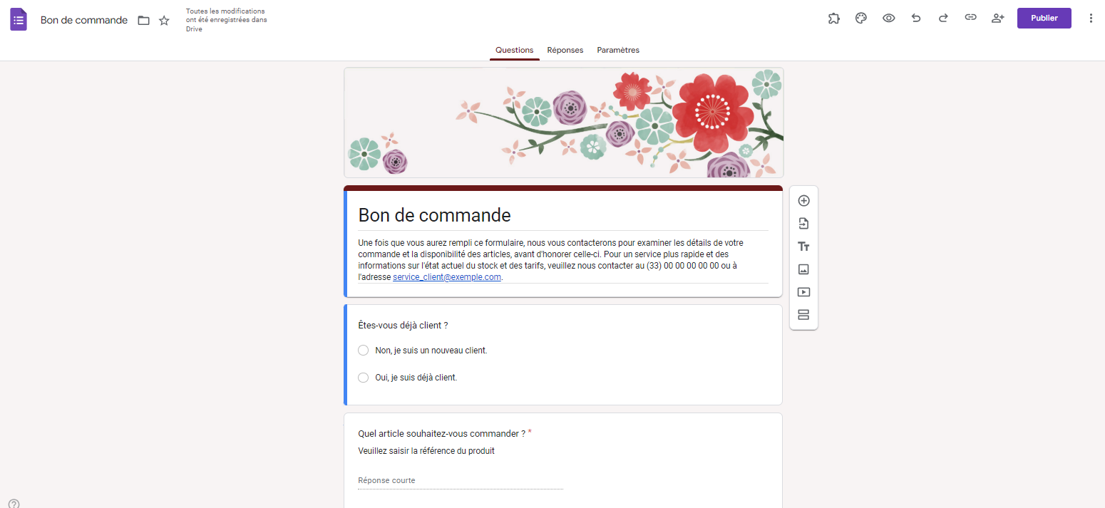 Capture d'écran d'un bon de commande dans Google Forms