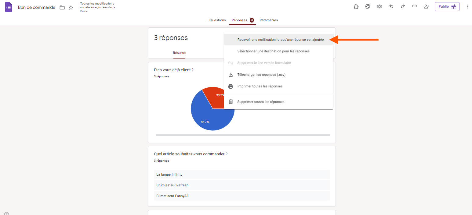 Capture d'écran du Bon de commande dans Google Forms avec une flèche pour cliquer sur Recevoir une notification lorsqu'une réponse est ajoutée