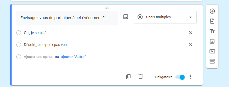 Capture d'écran des options de personnalisation des questions dans Google Forms