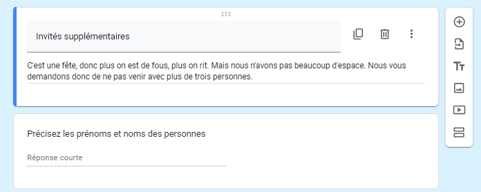 Capture d'écran de l'option de personnalisation des questions pour ajouter un titre et une description dans Google Forms
