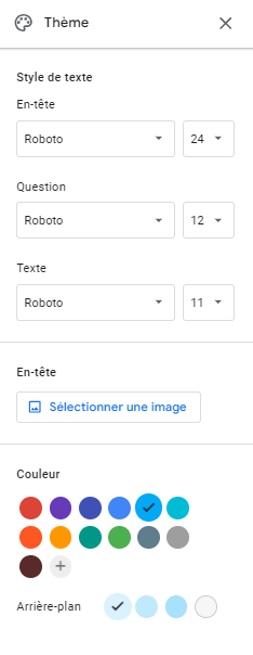 Capture d'écran des options de Thème dans un formulaire Google Forms