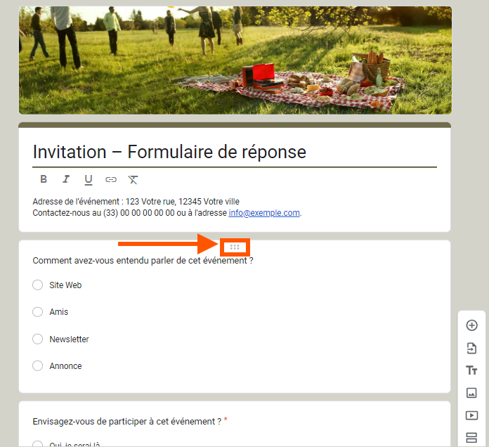 Capture d'écran des six petits points situés en haut de chaque encadré de question dans Google Forms