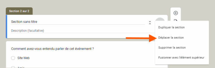 Capture d'écran avec une flèche pointant sur Déplacer la section dans Google Forms