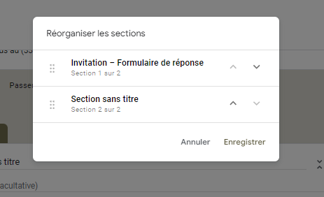 Capture d'écran des options de sections  du menu Réorganiser les sections qui s'ouvre lorsque l'utilisateur a sélectionné Déplacer la section dans Google Forms