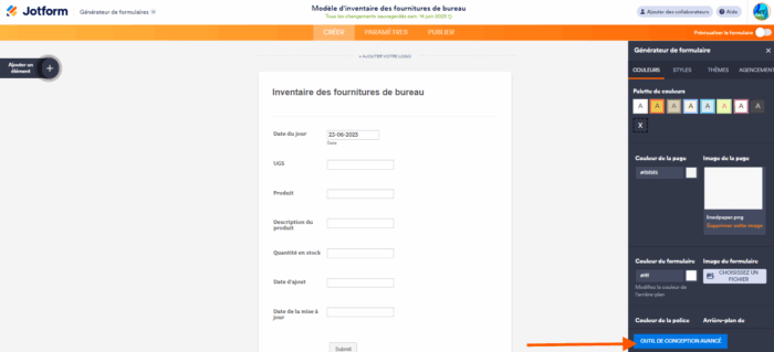 Capture d'écran d'un formulaire dans Jotform avec le volet du Générateur de formulaire avec une flèche pointant sur l'option Outil de conception avancé