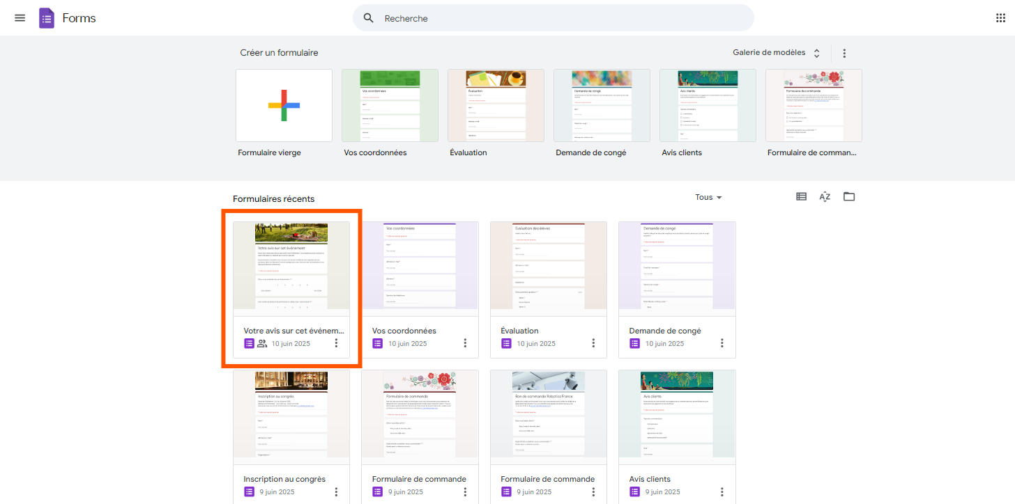 Capture d'écran montrant comment cliquer sur un formulaire de la liste des Formulaires récents dans Google Forms