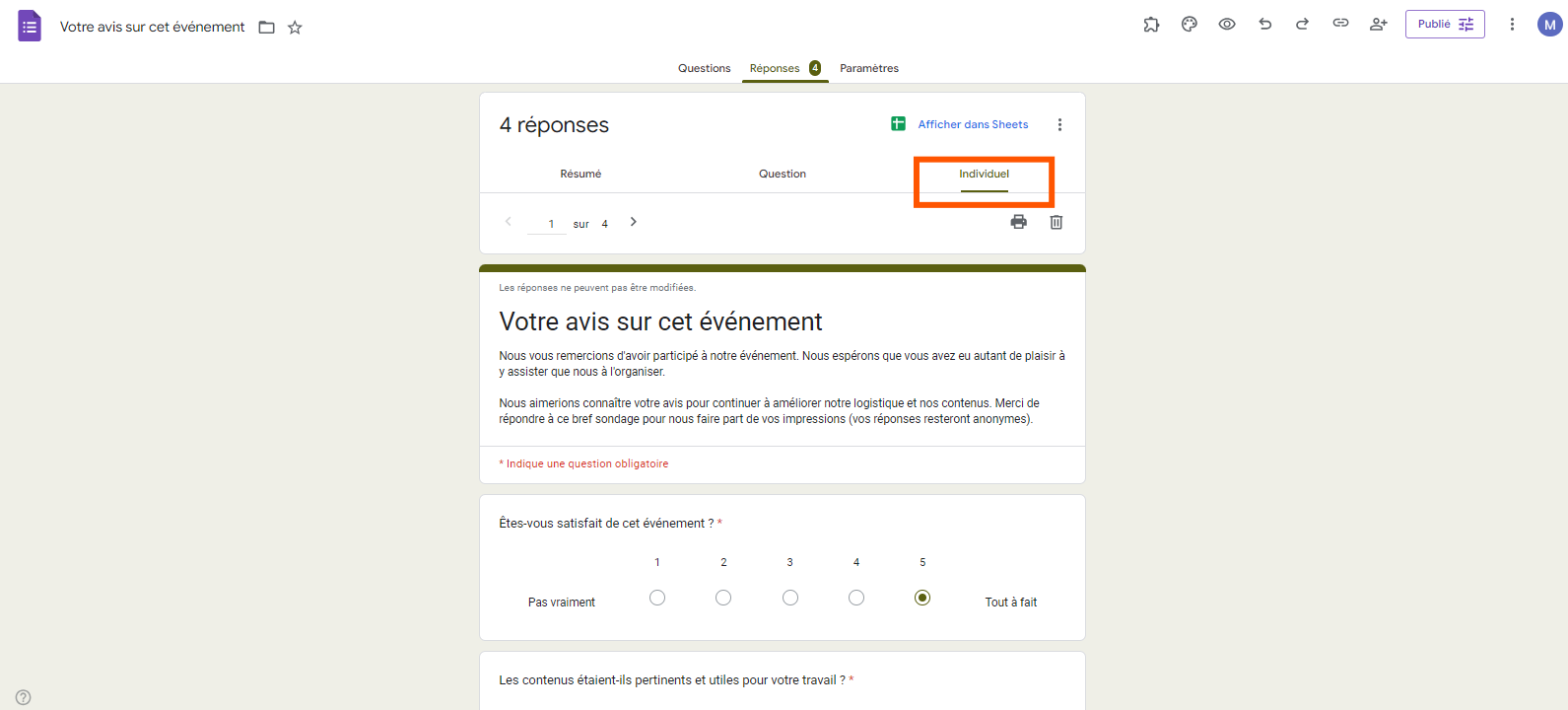 Capture d'écran montrant où cliquer sur l'onglet Individuel dans l'onglet Réponses de Google Forms