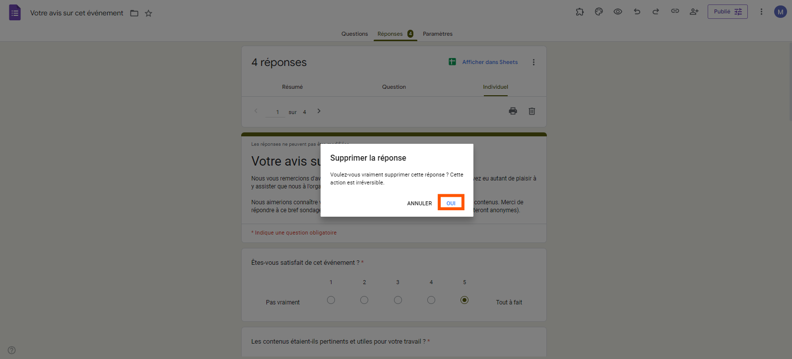 Capture d'écran montrant où cliquer sur le bouton Oui dans l'onglet de suppression de réponse dans Google Forms