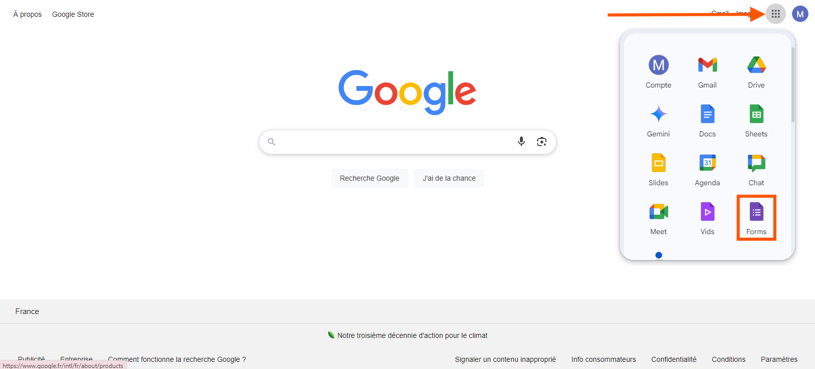 Capture d'écran montrant où cliquer sur l'icône Google Forms sur la page d'accueil Google
