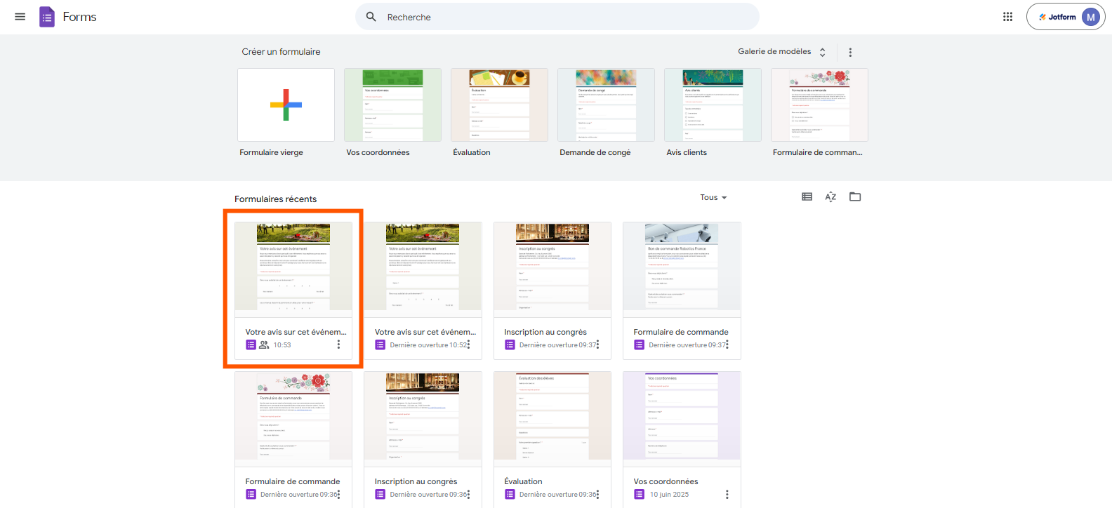 Capture d'écran montrant où cliquer sur le formulaire concernée sous Formulaires récents dans Google Forms