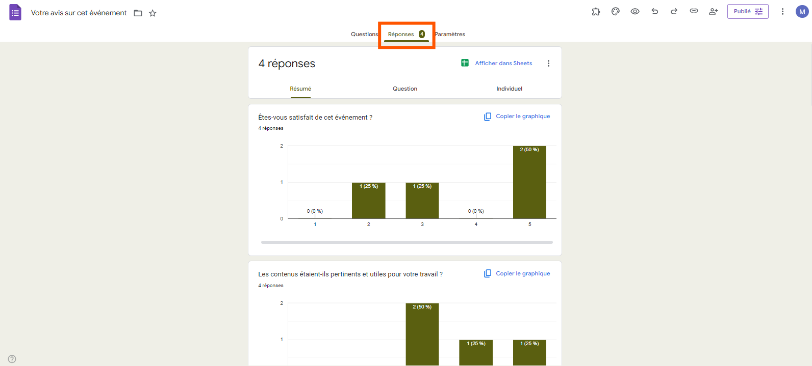 Capture d'écran montrant où cliquer sur l'onglet Réponses dans le formulaire de Google Forms