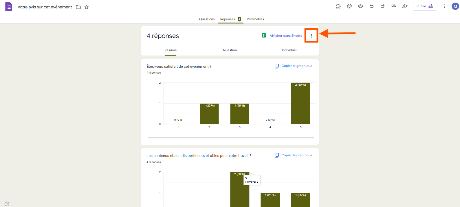 Capture d'écran montrant où cliquer sur les trois points verticaux en haut à droite de l'onglet Réponses d'un formulaire Google Forms