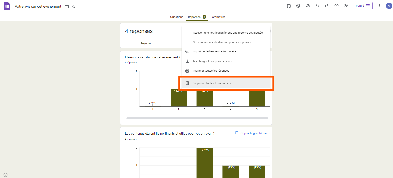 Capture d'écran montrant où cliquer sur l'option Supprimer toutes les réponses du menu Plus dans l'onglet Réponses d'un formulaire Google Forms