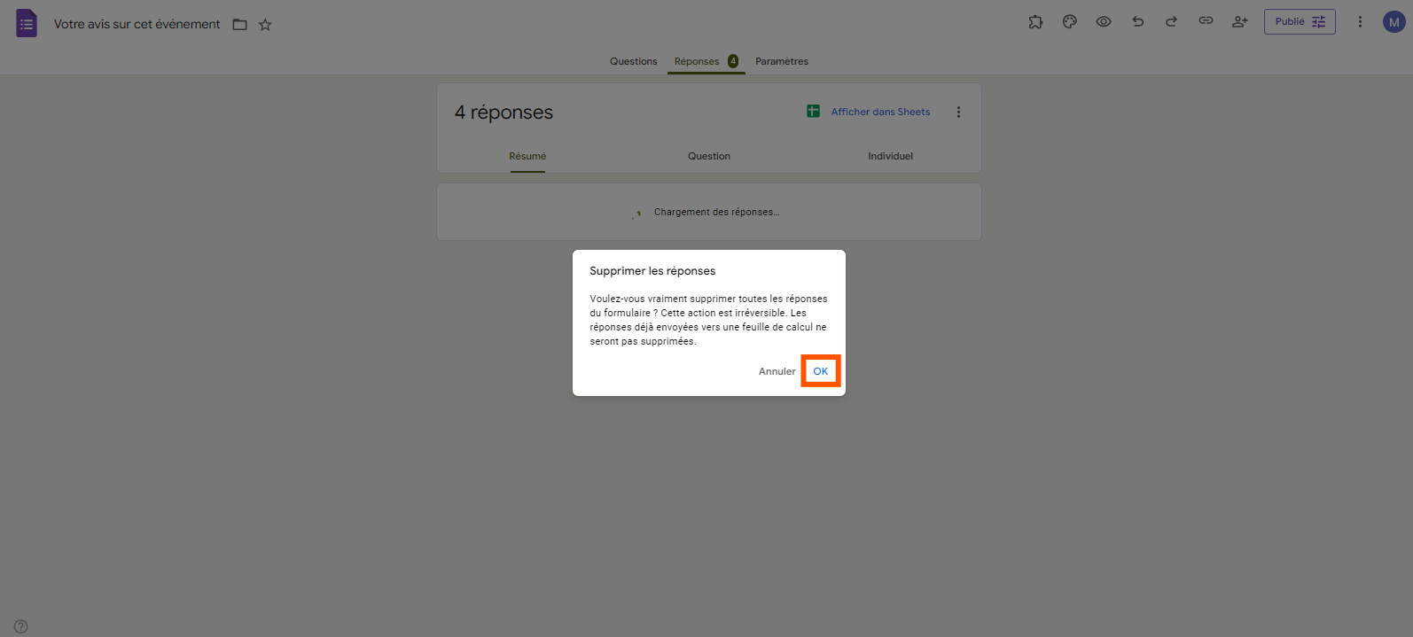 Capture d'écran montrant où cliquer sur le bouton OK pour supprimer toutes les réponses d'un formulaire Google Forms