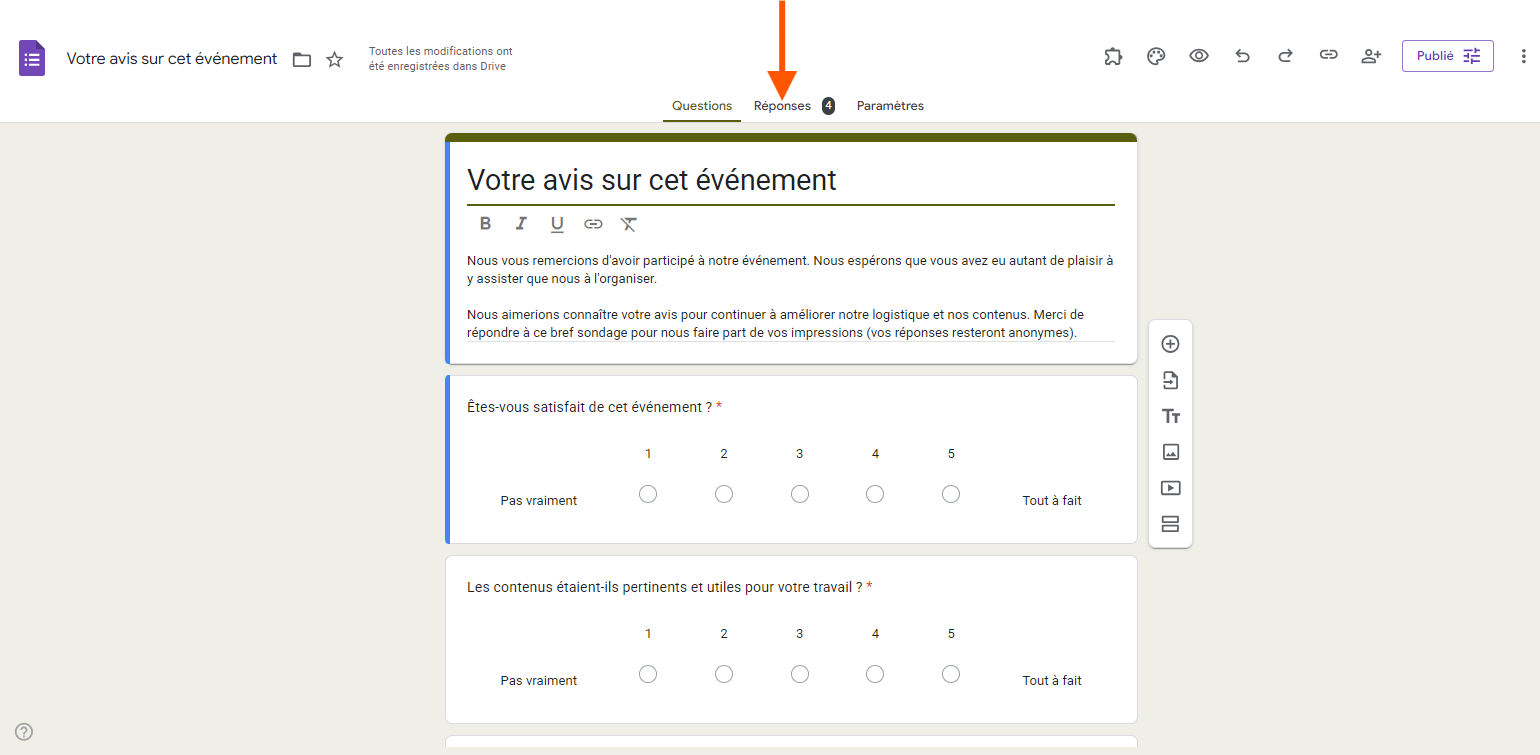 Capture d'écran d'un formulaire Google Forms avec une flèche pointant vers l'onglet Réponses dans le haut du formulaire Google Forms