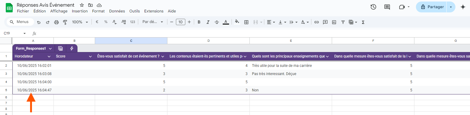 Capture d'écran d'une feuille de calcul Google Sheets avec une flèche pointant vers une réponse