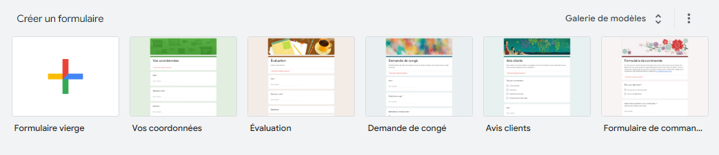 Capture d'écran de la plage d'accueil de Google Forms