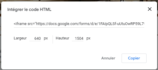 Capture d'écran de la fenêtre contextuelle lorsque l'utilisateur sélectionne l'option Intégrer le code HTML (représenté par l'icône < >) dans Google Forms