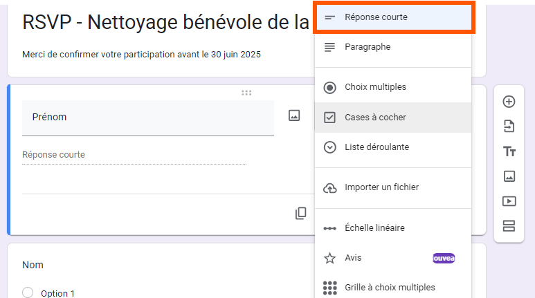 Capture d'écran de l'éditeur Google Forms, avec un encadré autour de l'option Réponse courte