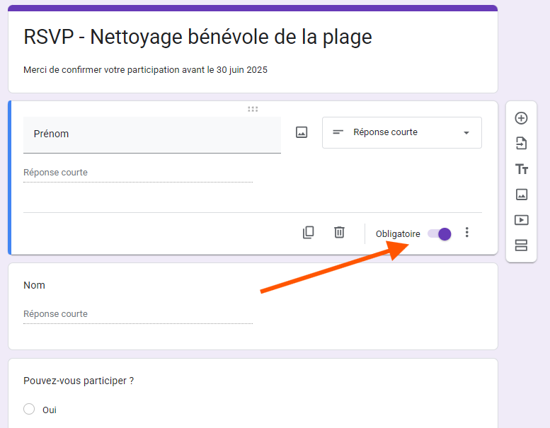 Capture d'écran de l'éditeur Google Forms avec une flèche pointant vers le bouton bascule Obligatoire en bas à droite de la question