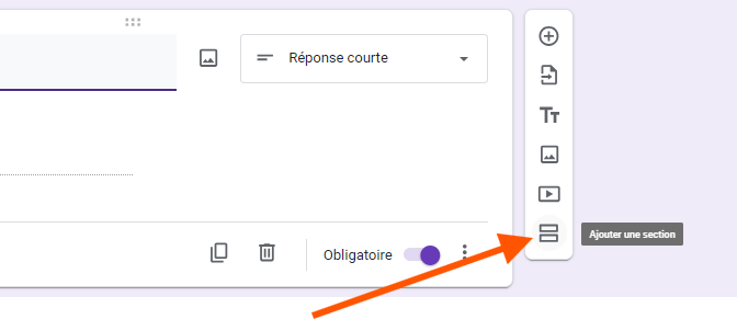 Capture d'écran de l'éditeur Google Forms, avec une flèche pointant vers l'option Ajouter une section à droite de la question
