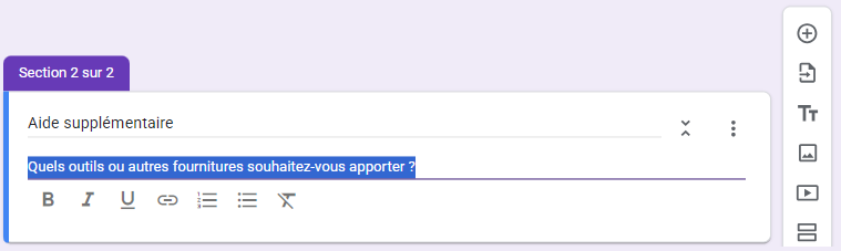 Capture d'écran de l'interface de la nouvelle section du formulaire Google