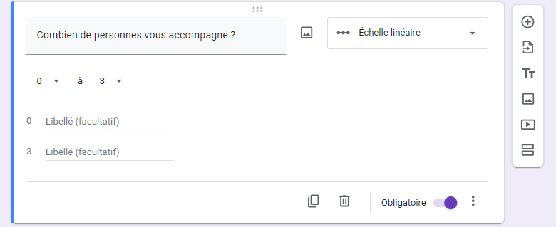 Capture d'écran d'une question de type Échelle linéaire dans Google Forms