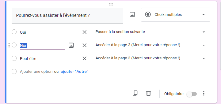 Capture d'écran de la section Pouvez-vous assister à l'événement ? avec le type Choix multiples 