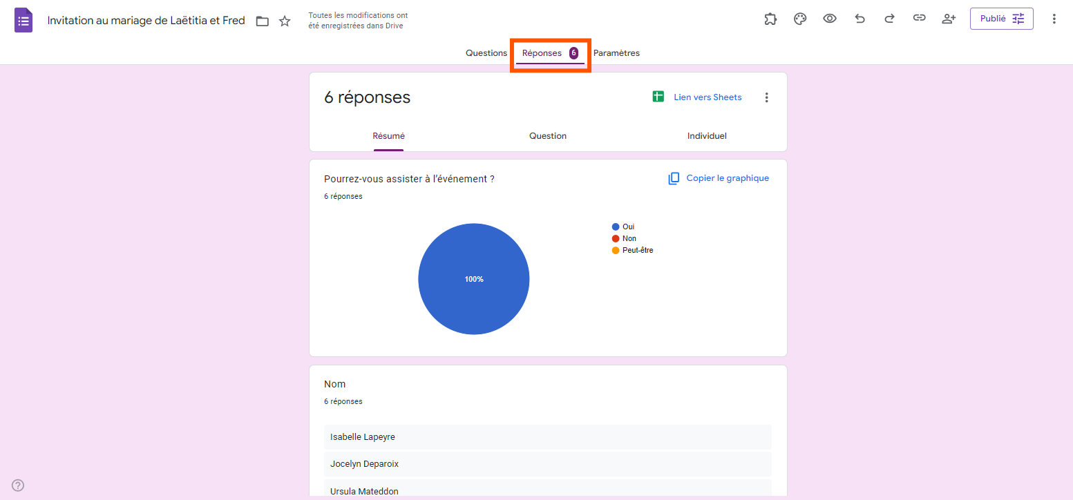 Capture d'écran d'un formulaire RSVP dans Google Forms, avec un encadré autour de l'onglet Réponses