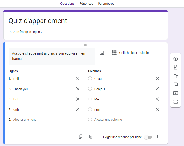 Capture d'écran d'une question à appariement complètement formatée sur le même formulaire de Quiz d'appariement dans Google Forms
