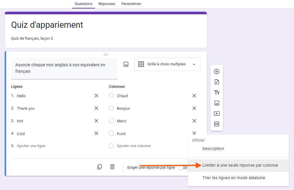 Capture d'écran du même formulaire Google Forms avec les questions et réponses entièrement saisies et une flèche rouge pointant vers Limiter à une seule réponse par colonne