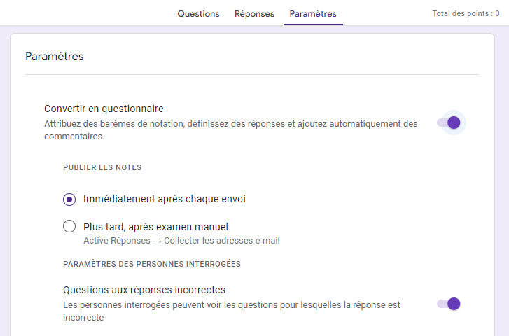 Capture d'écran de l'option Convertir en questionnaire sélectionné dans l'onglet Paramètres de Google Forms