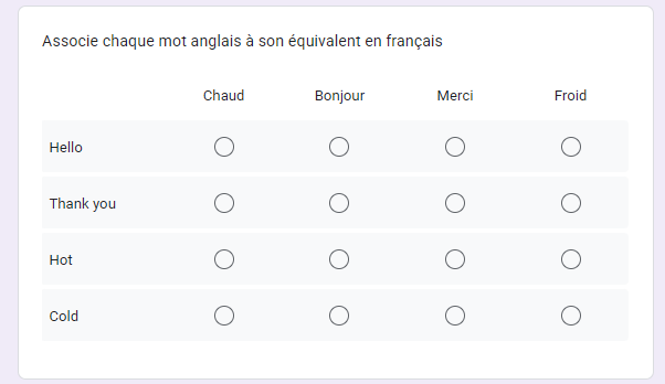 Capture d'écran d'une question de  Quiz à appariement sur Google Forms à compléter par l'élève 