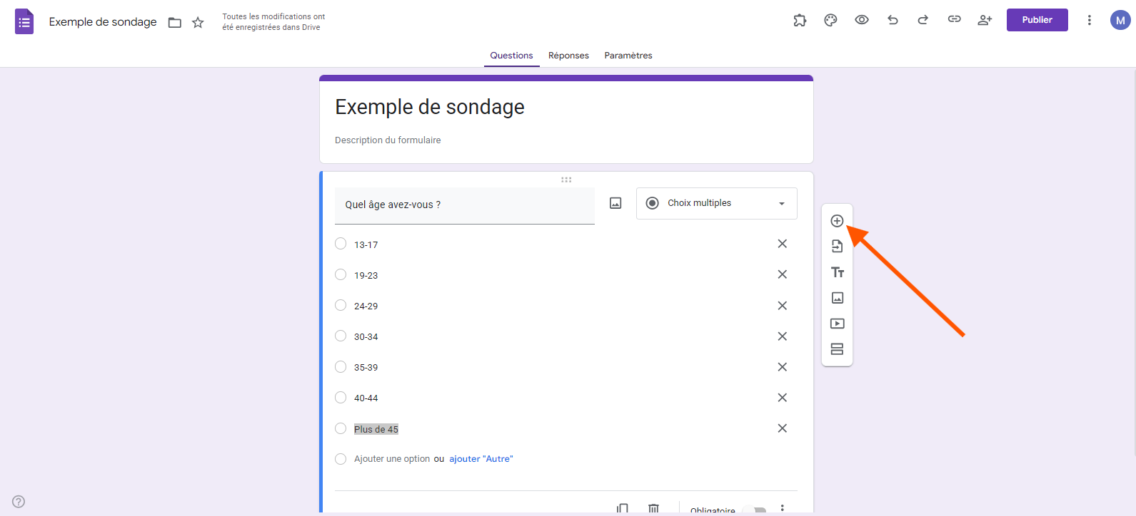 Capture d'écran de l'interface Google Forms de création de sondage en ligne avec une question à choix multiple concernant la tranche d'âge et une option pour ajouter d'autres questions
