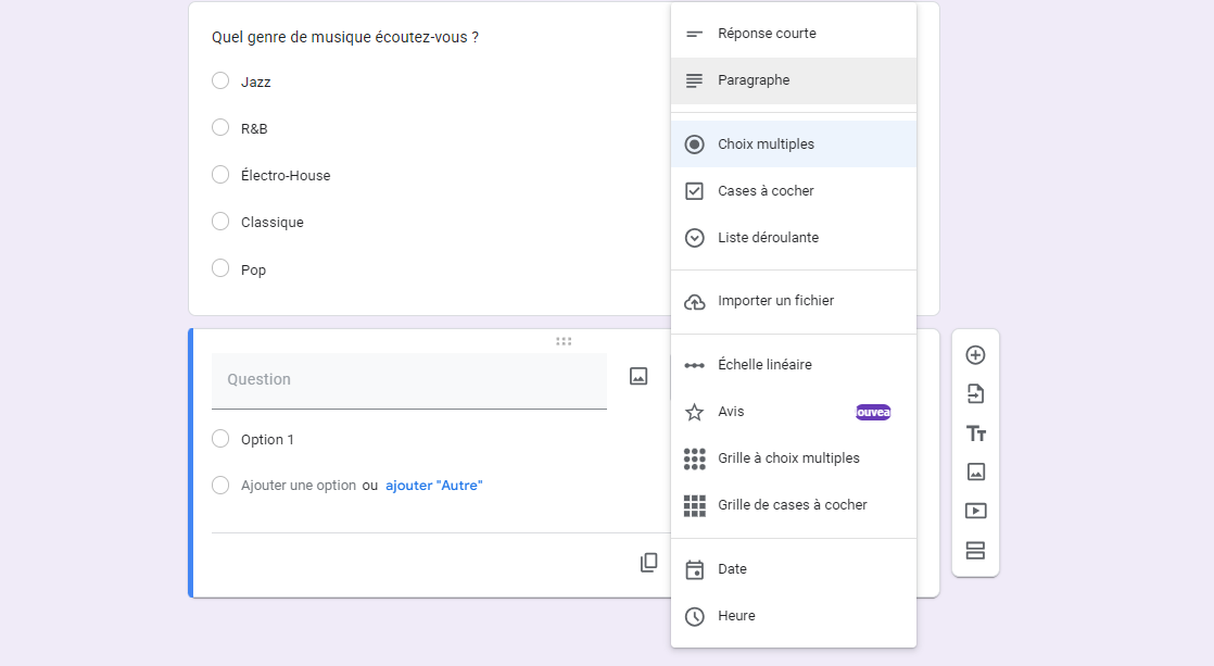 Capture d'écran de l'interface de création de sondages de Google Forms avec une question à choix multiples concernant le genre musical préféré et diverses options de type de question sur le côté