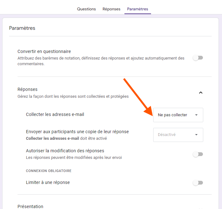 Capture d'écran avec le menu des paramètres du formulaire montrant les options pour le mode questionnaire, la collecte des réponses et la collecte des adresses email avec les boutons bascule