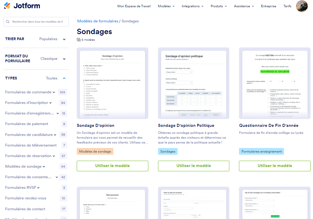 Capture d'écran de la page web de Jotform affichant divers modèles de sondage pour créer des enquêtes et questionnaires en ligne